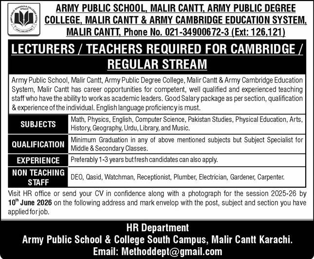 APS Malir Cantt Jobs 2026 Latest Advertisement