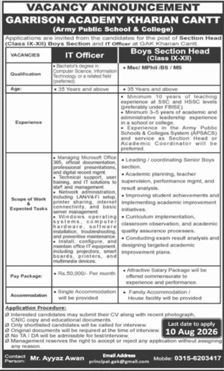 APS&C Garrison Academy Kharian Cantt Jobs July 2026 Advertisement