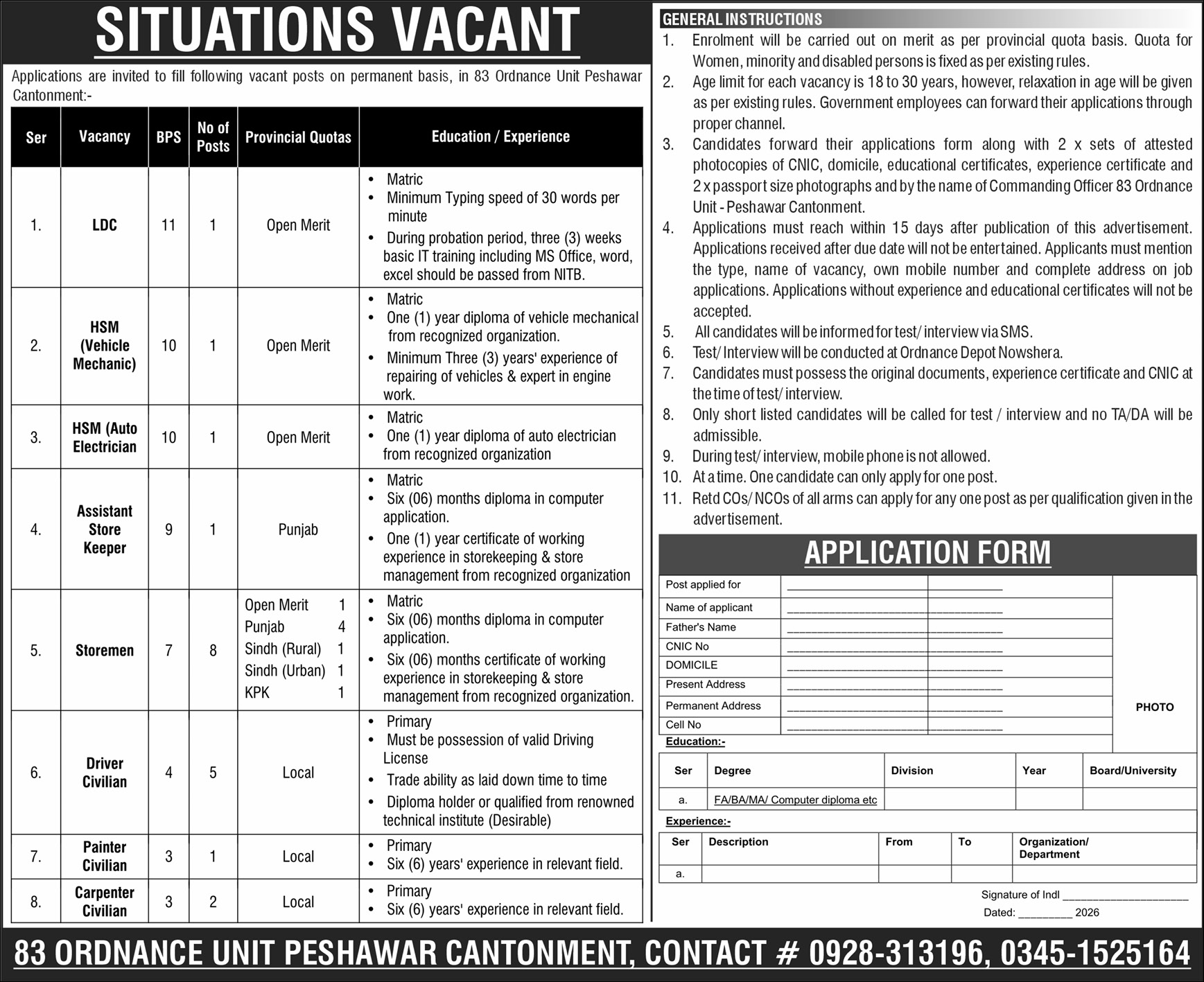83 Ordnanc Unit Peshawar Jobs 2026 Advertisement