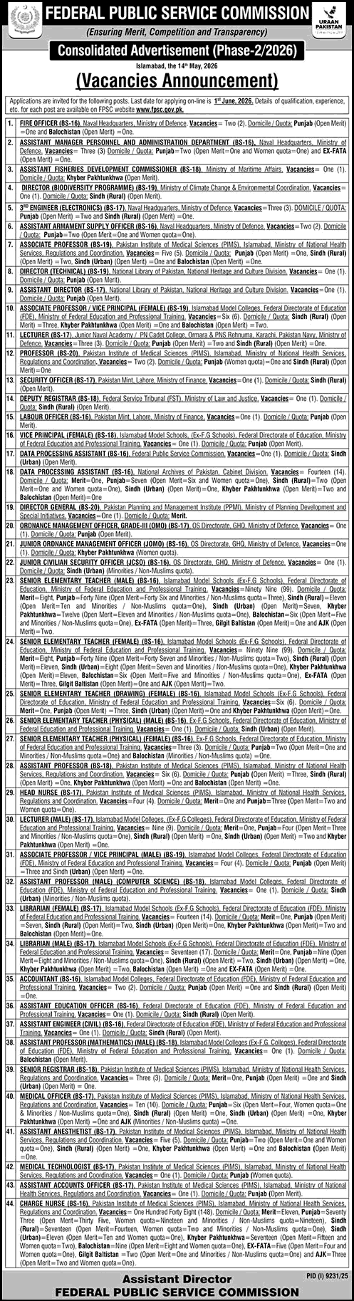 FPSC Jobs Consolidated Advertisement 02-2026