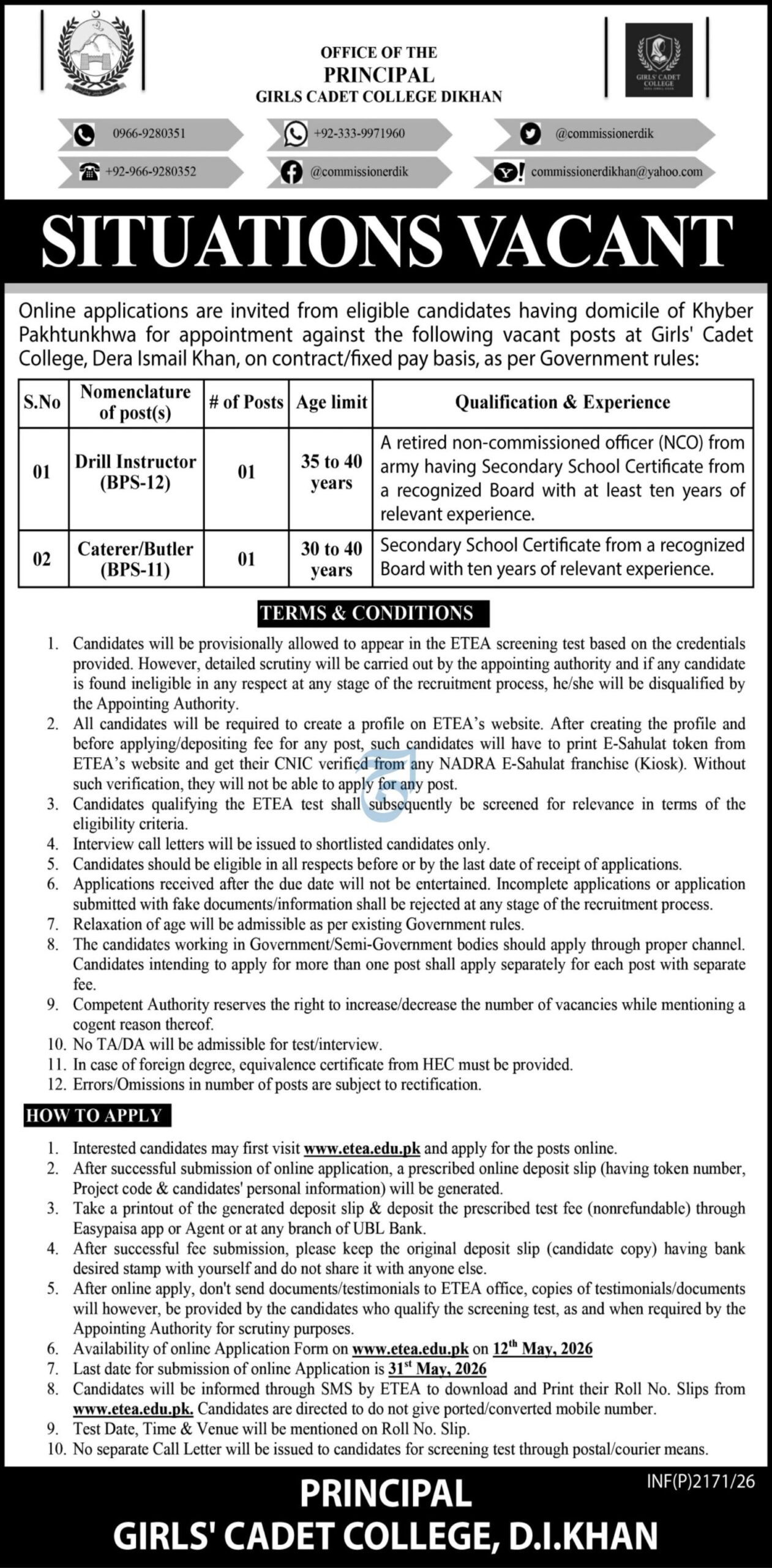Girls Cadet College D I Khan Jobs 2026 Advertisement