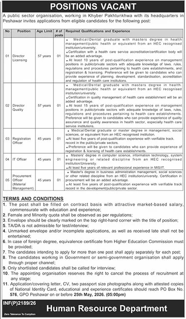 PO Box 576 Peshawar Jobs 2026 Advertisement