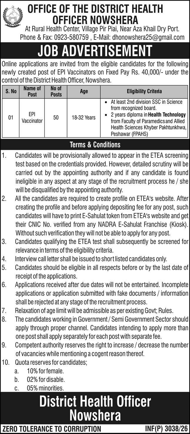 District Health Office DHO Nowshera Jobs 2026 Advertisement