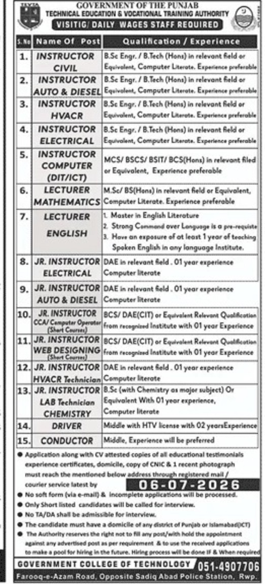 Government College of Technology GCT Rawalpindi Jobs 2026 Advertisement