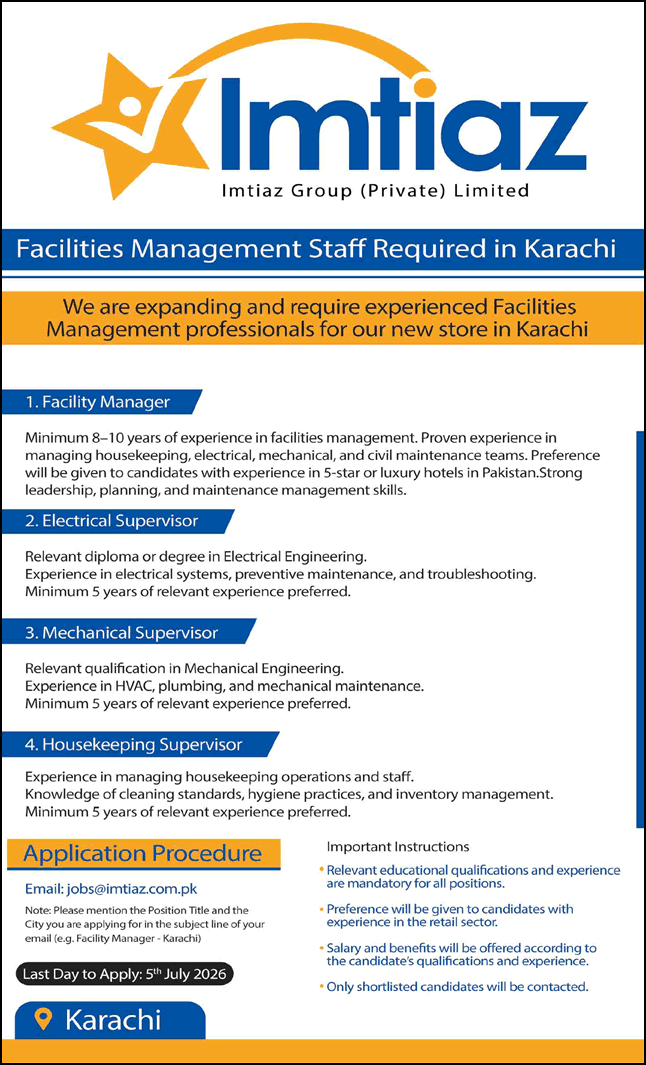 Imtiaz Super Market Jobs 2026 Advertisement