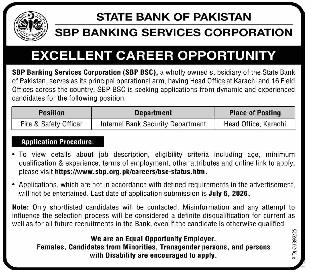 State Bank of Pakistan SBP BSC Jobs June 2026 Advertisement