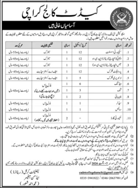 Cadet College Karachi Jobs 2026 Advertisement