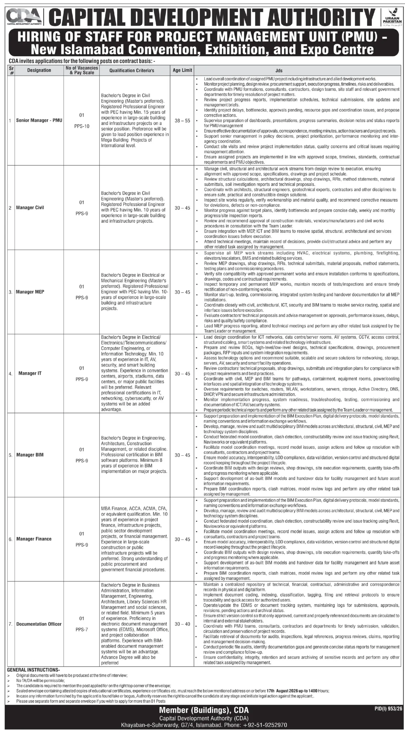 Capital Development Authority CDA Jobs August 2026 Advertisement