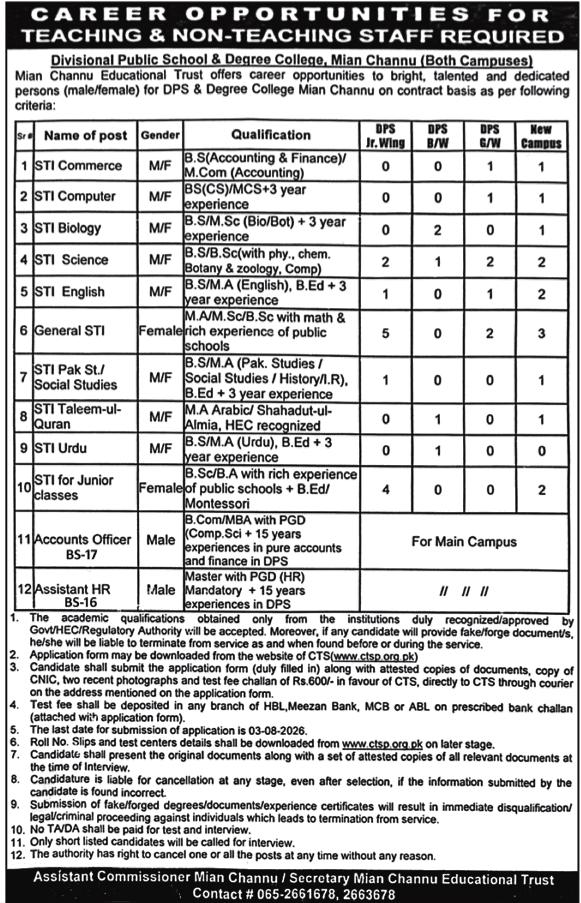 Divisional Public School & Degree College Mian Channu Jobs 2026 Advertisement