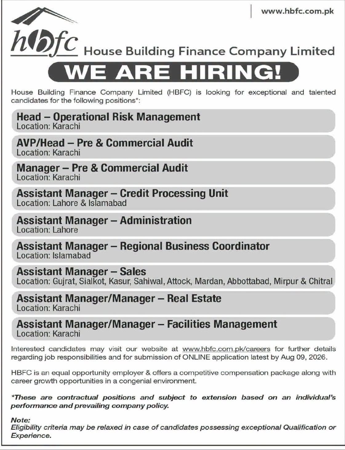 House Building Finance Company hbfc Jobs 2026 Advertisement