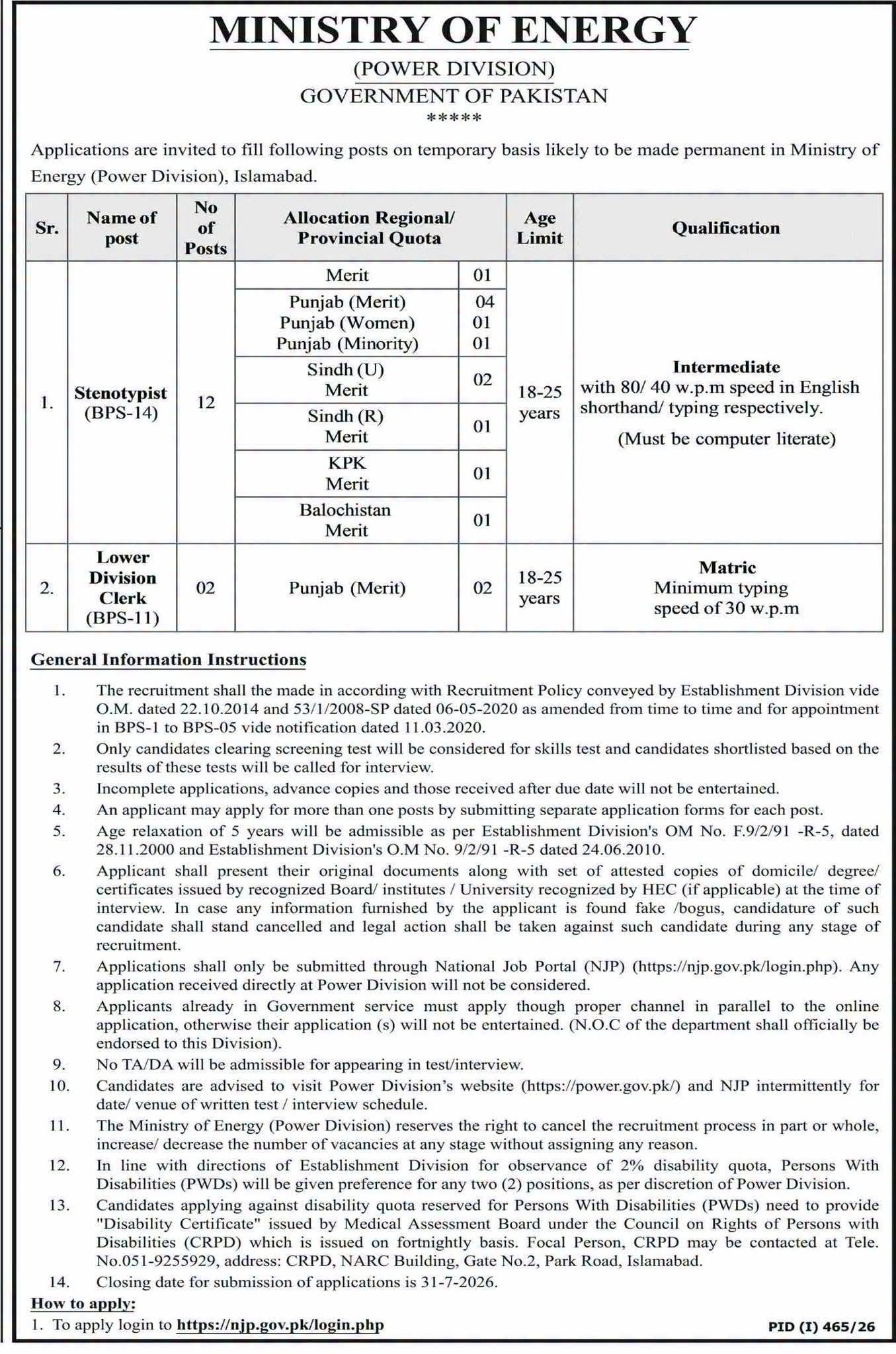Ministry of Energy Power Division Jobs 2026 Advertisement