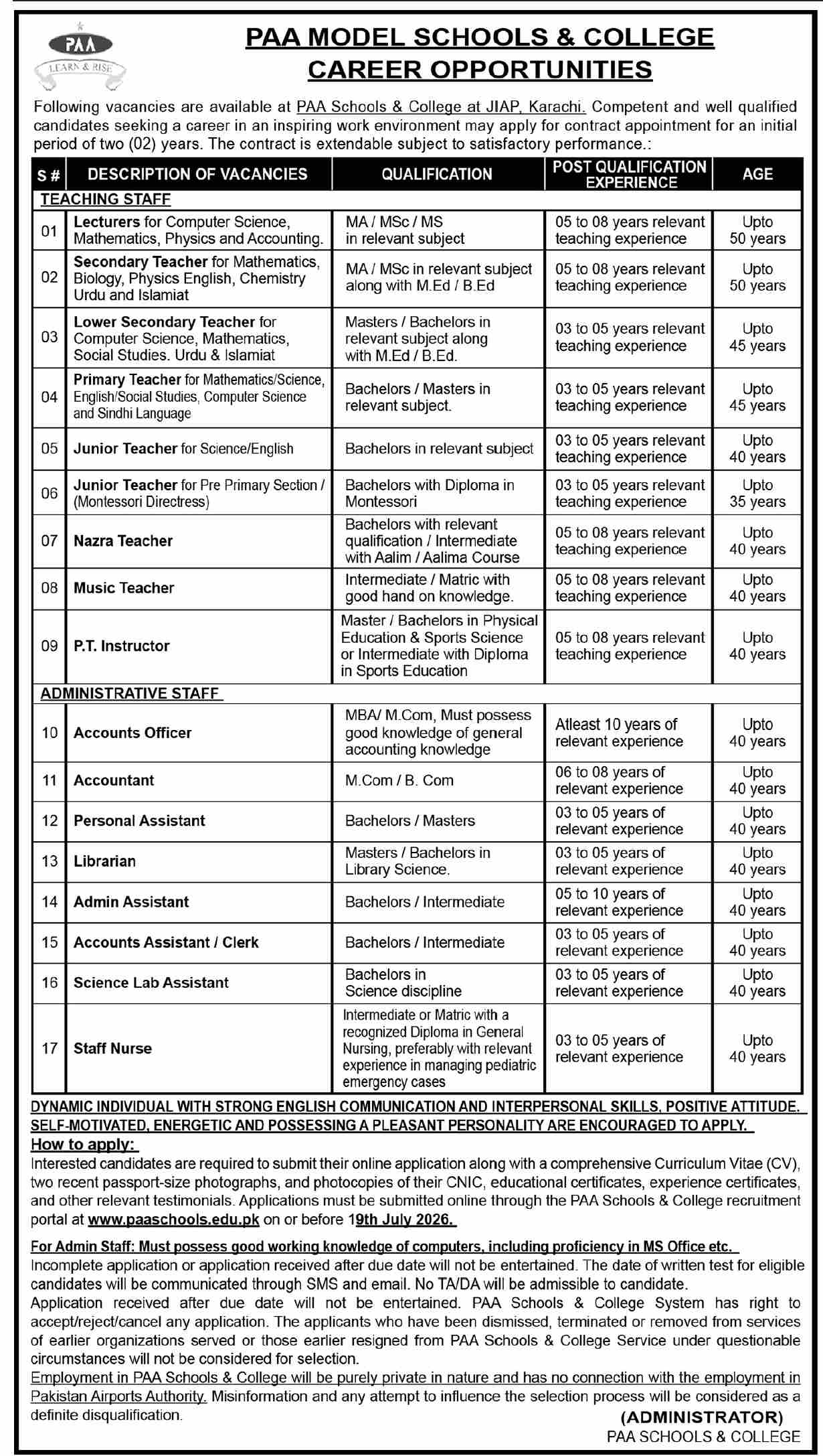 PAA Model Schools & College Karachi Jobs 2026 Advertisement