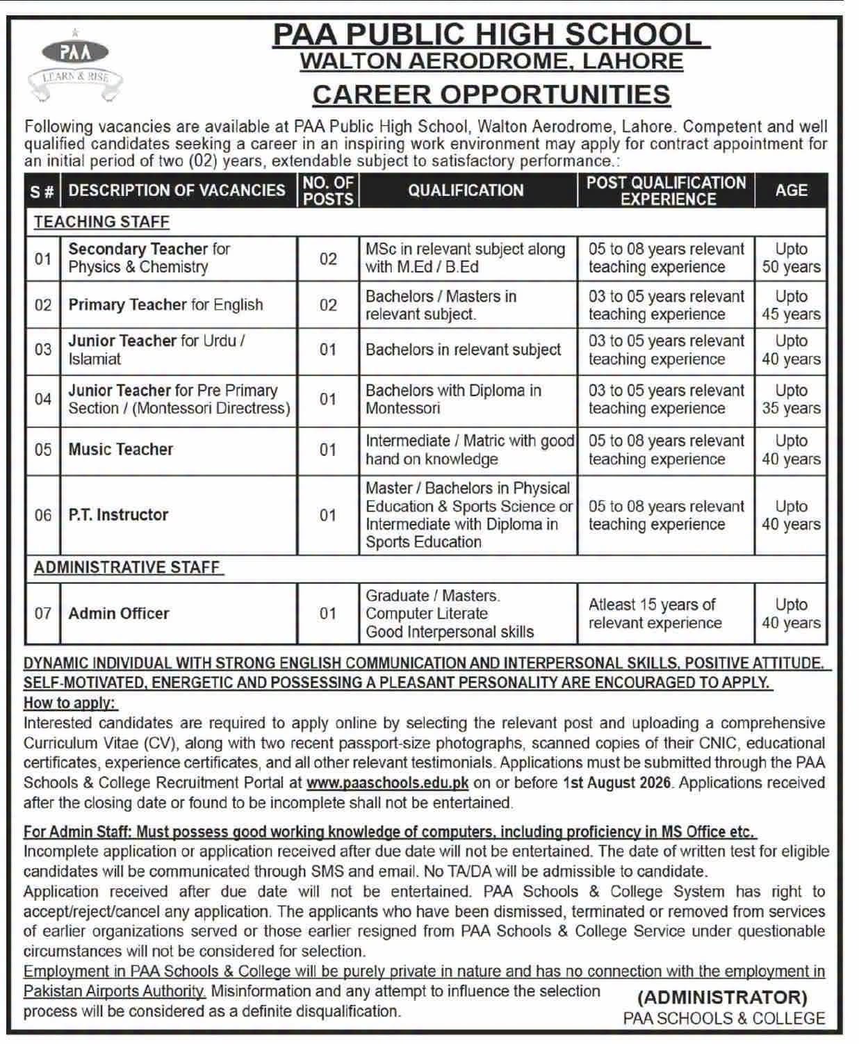 PAA Public High School Lahore Jobs 2026 Advertisement
