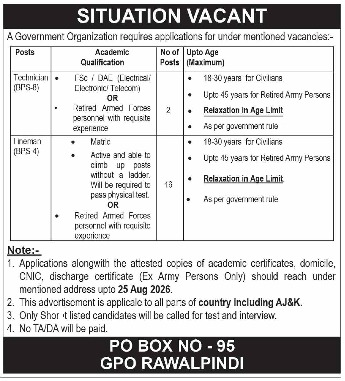 PO Box 95 GPO Rawalpindi Jobs August 2026 New Advertisement
