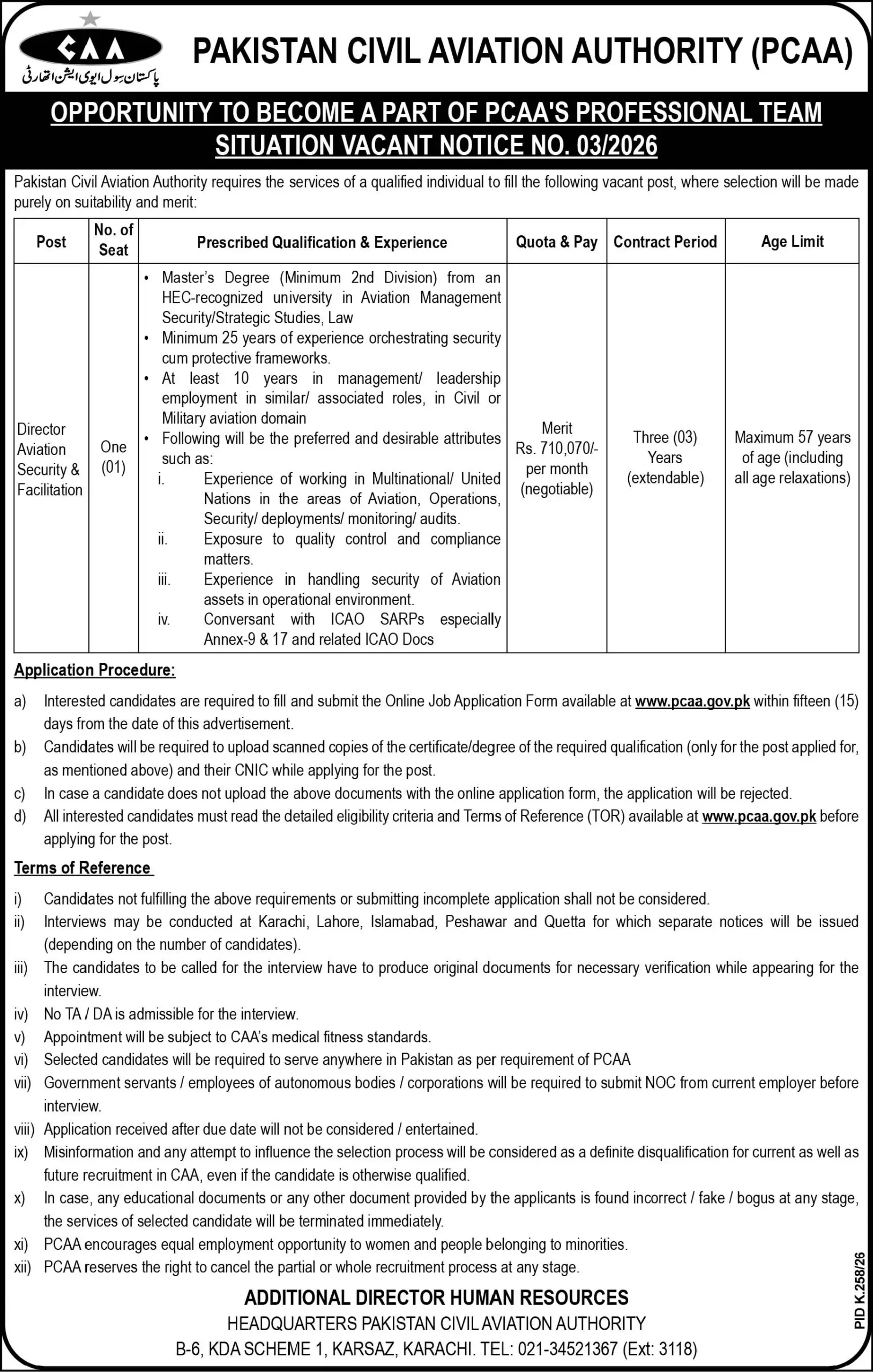Pakistan Civil Aviation Authority PCAA Notice No 3 Karachi Jobs 2026 Advertisement
