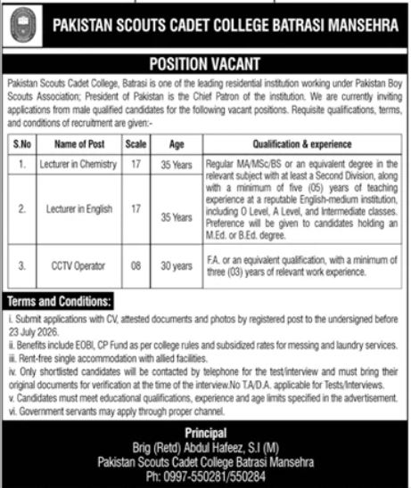 Pakistan Scouts Cadet College batrasi Jobs 2026 Advertisement