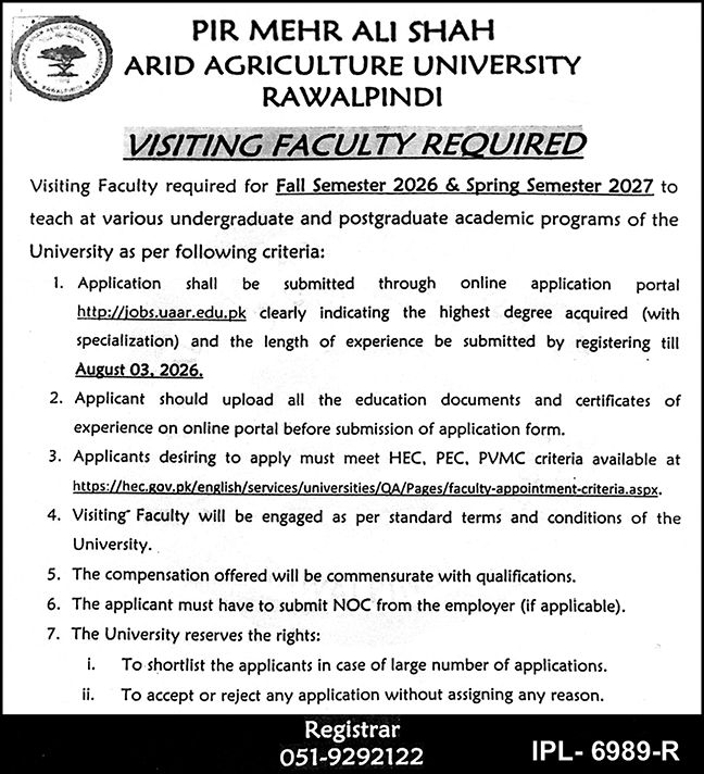Pir Mehr Ali Shah Arid Agriculture University Rawalpindi AAUR jobs 2026 Advertisement