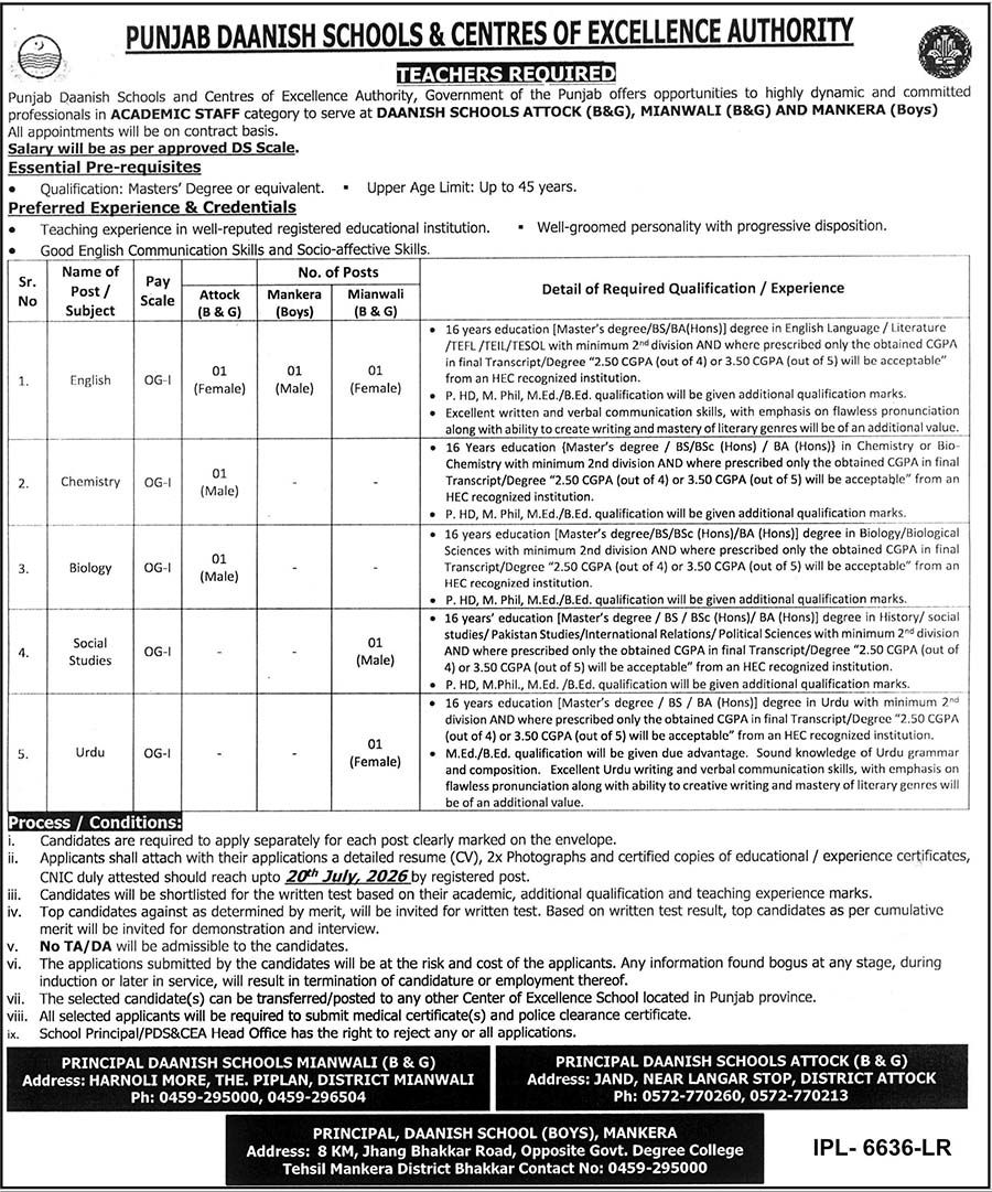 Punjab Daanish School Attock Jobs 2026 Advertisement