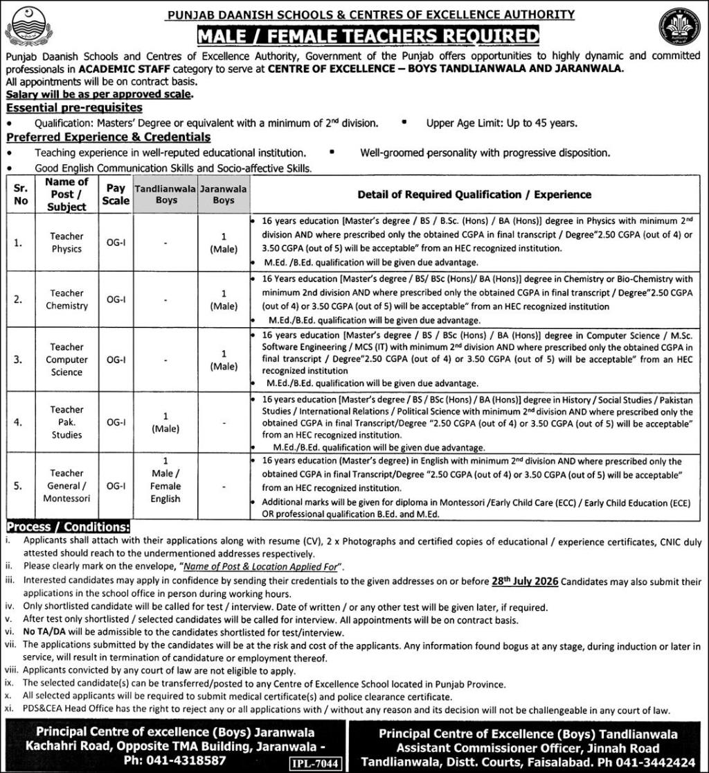 Punjab Daanish School Jaranwala Jobs 2026 Advertisement