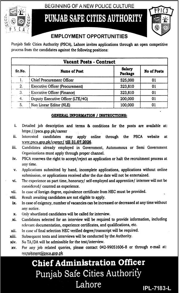 Punjab Safe Cities Authority Lahore Jobs 2026 Advertisement
