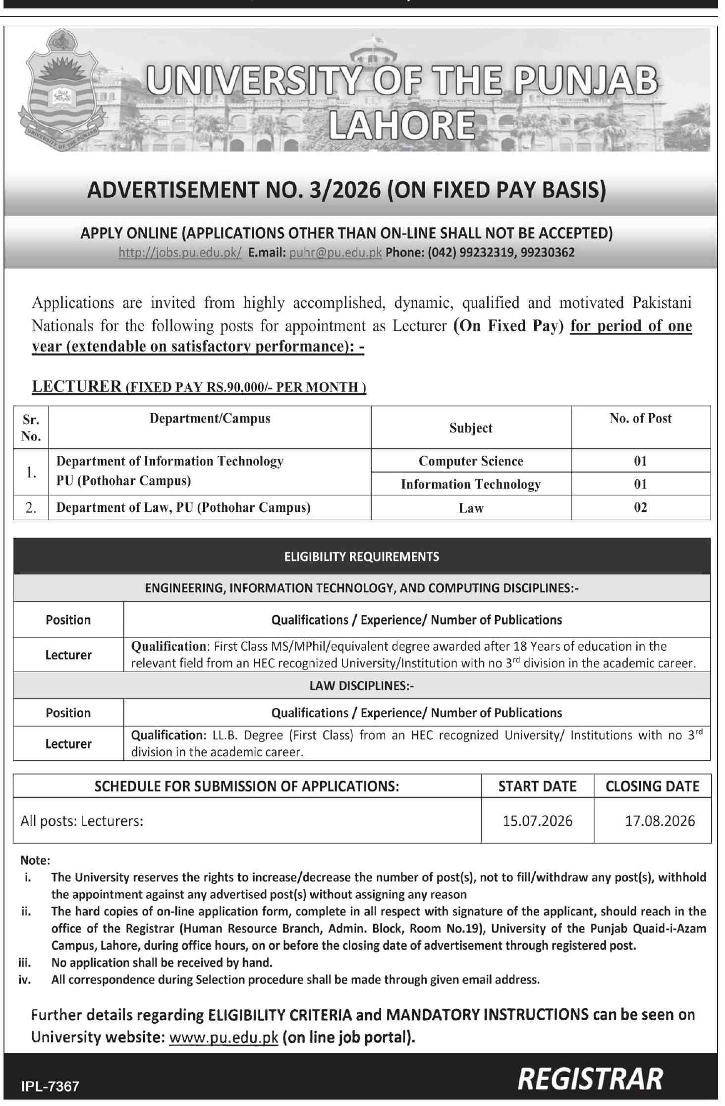 University of Punjab PU Jobs 2026 Advertisement