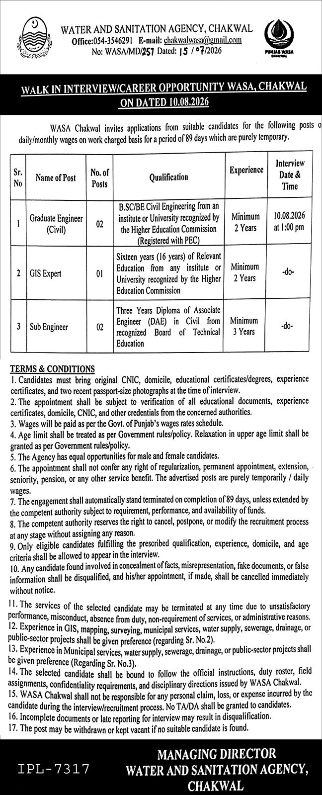 WASA Chakwal Jobs 2026 Advertisement