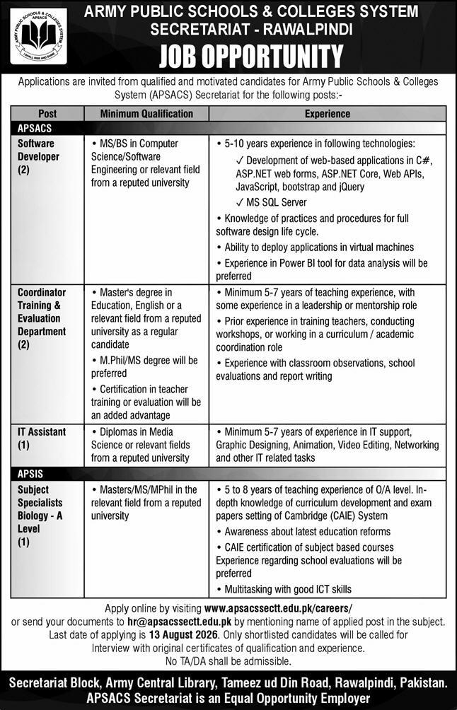 Army Public Schools & Colleges System Secretariat APSACS Rawalpindi Jobs 2026 Advertisement