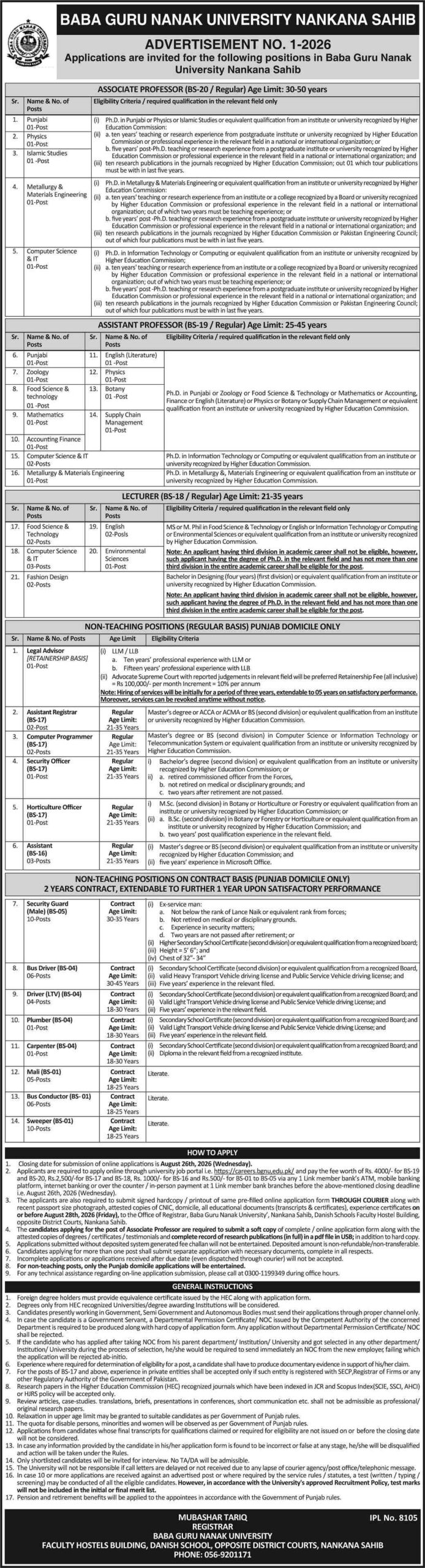 Baba Guru Nanak University Nankana Sahib Jobs 2026 Advertisement