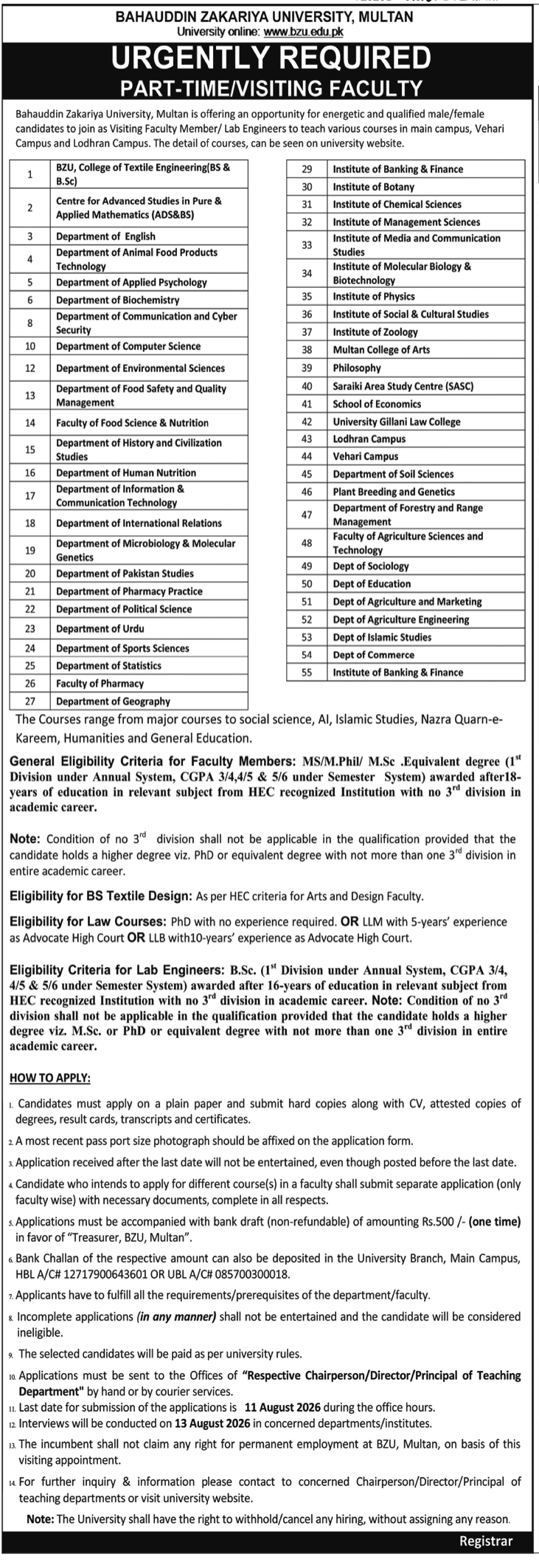 Bahauddin Zakariya University BZU Multan Jobs 2026 Advertisement