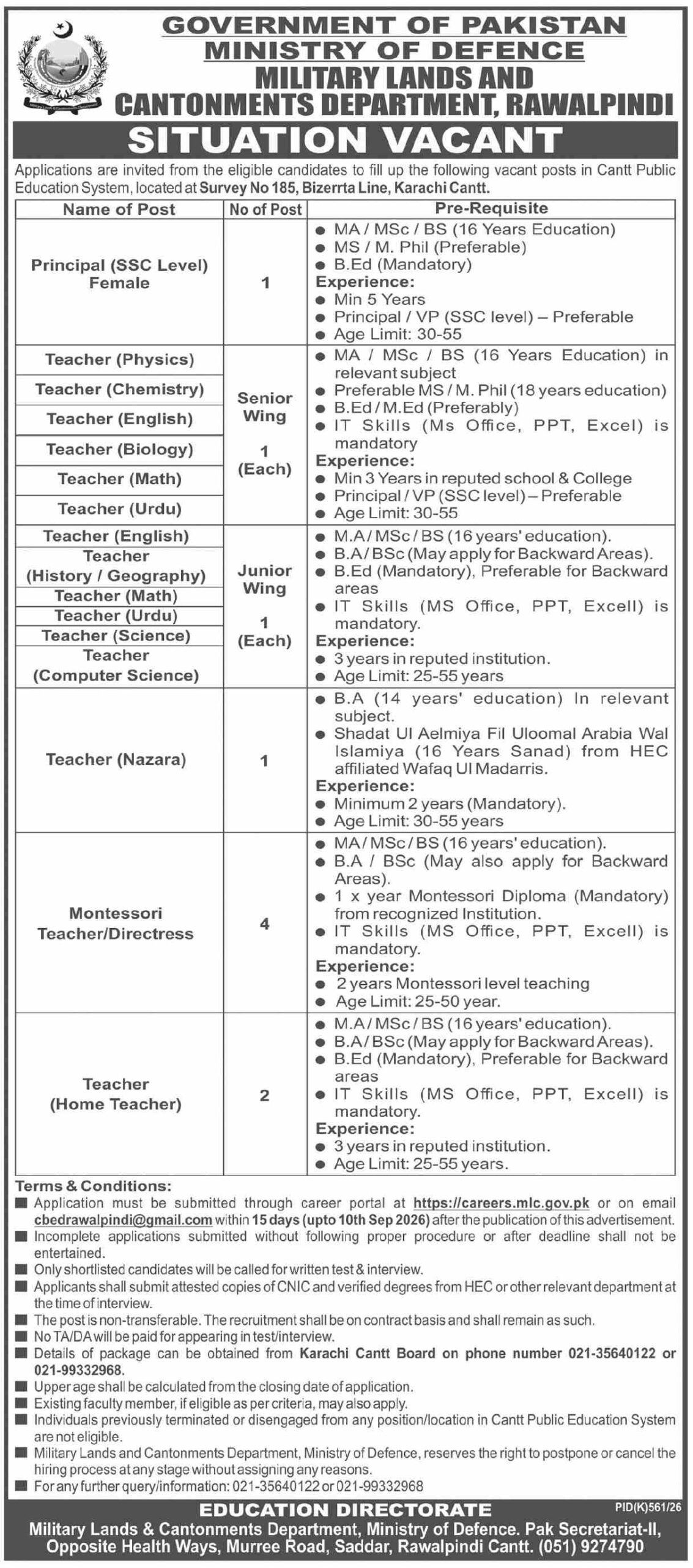 Cantt Public Education System Karachi Cantt Jobs 2026 Advertisement