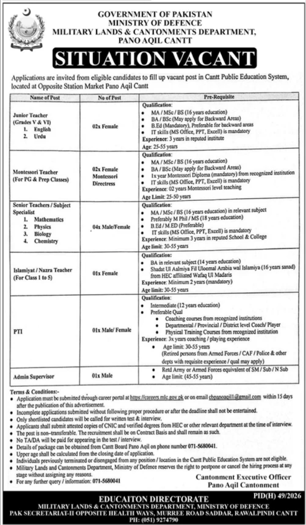 Cantt Public Education System Pano Aqil Cantt Jobs 2026 Advertisement