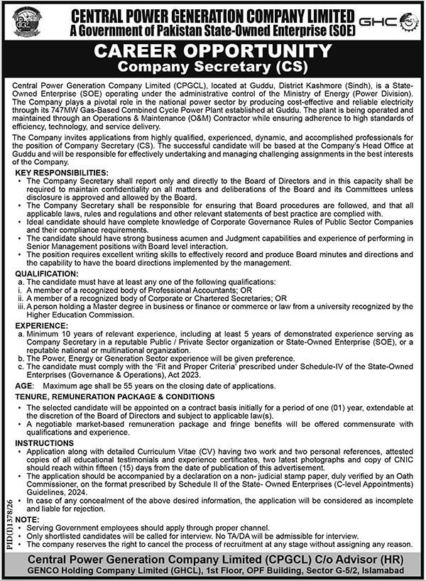 Central Power Generation Company Limited Jobs 2026 Advertisement