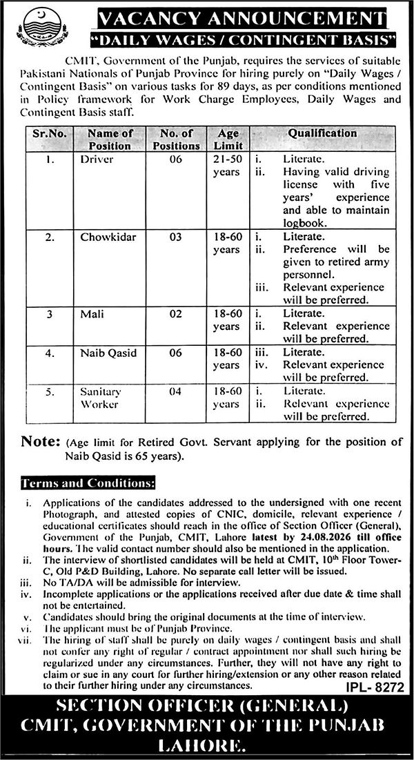 Chief Minister Inspection Team Punjab Jobs 2026 Advertisement