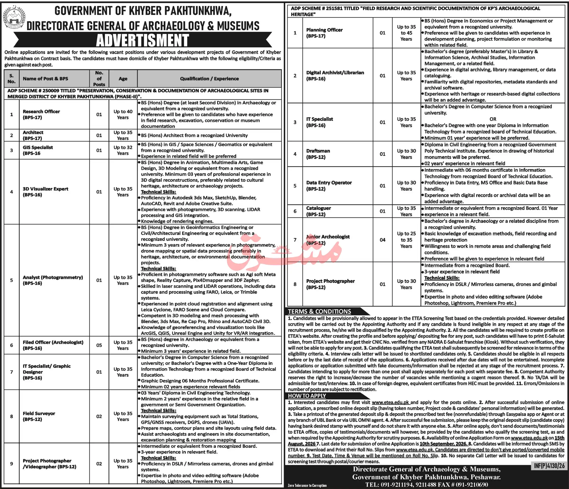 Directorate General of Archaeology & Museums Peshawar Jobs 2026 Advertisement