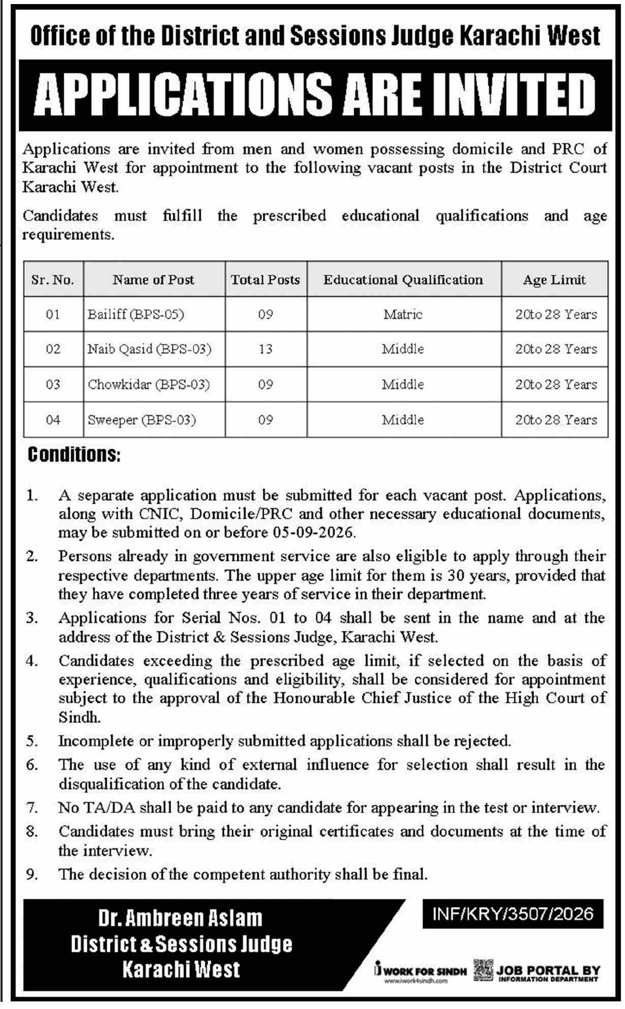 District & Sessions Judge Karachi West Jobs 2026 Advertisement