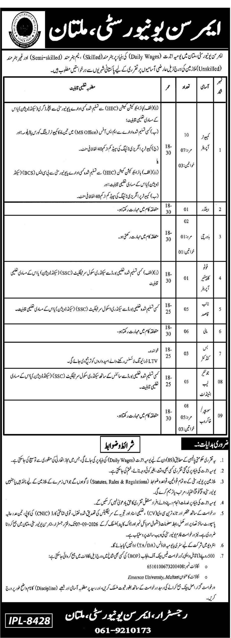 Emerson University Multan Jobs 2026 Advertisement