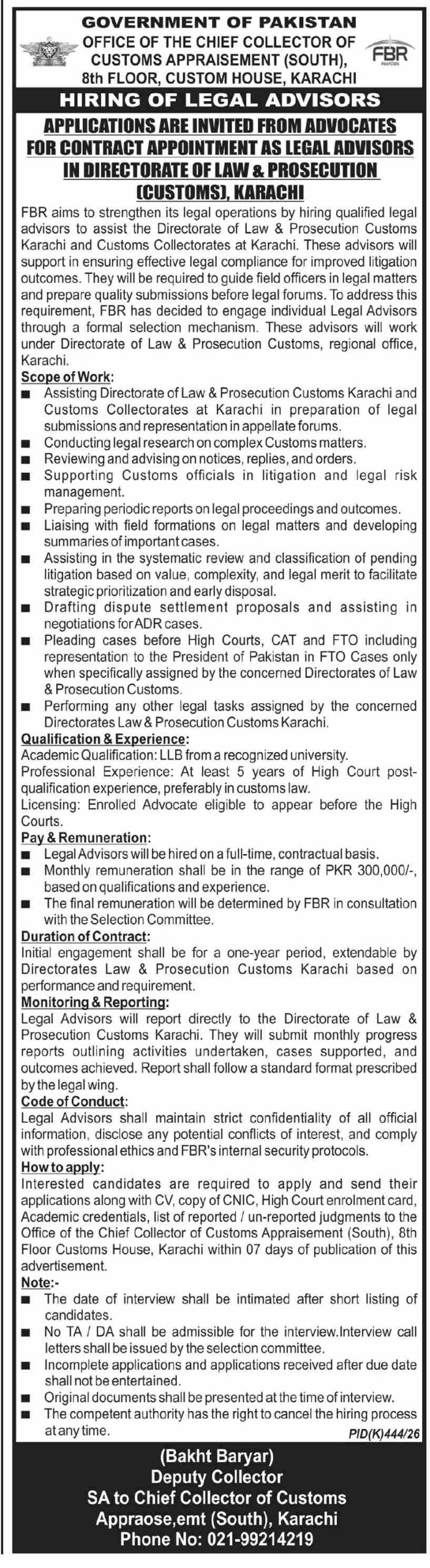 Federal Board of Revenue FBR Karachi Jobs 2026 Advertisement