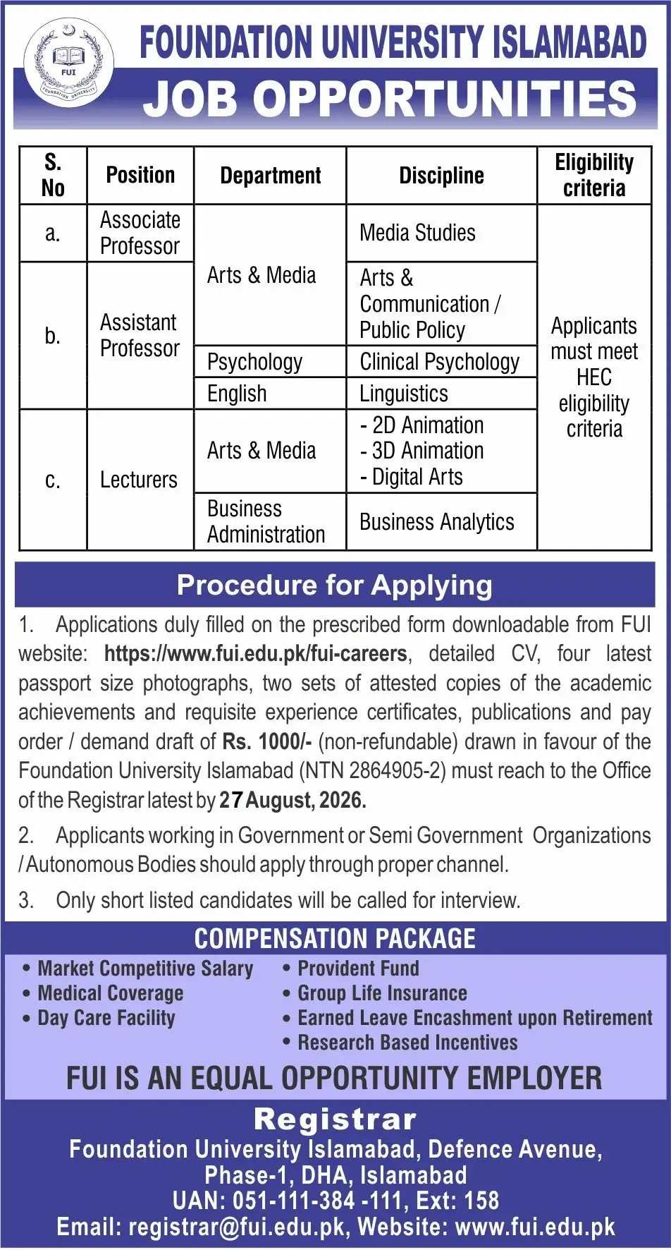 Foundation University Islamabad Jobs August 2026 Advertisement