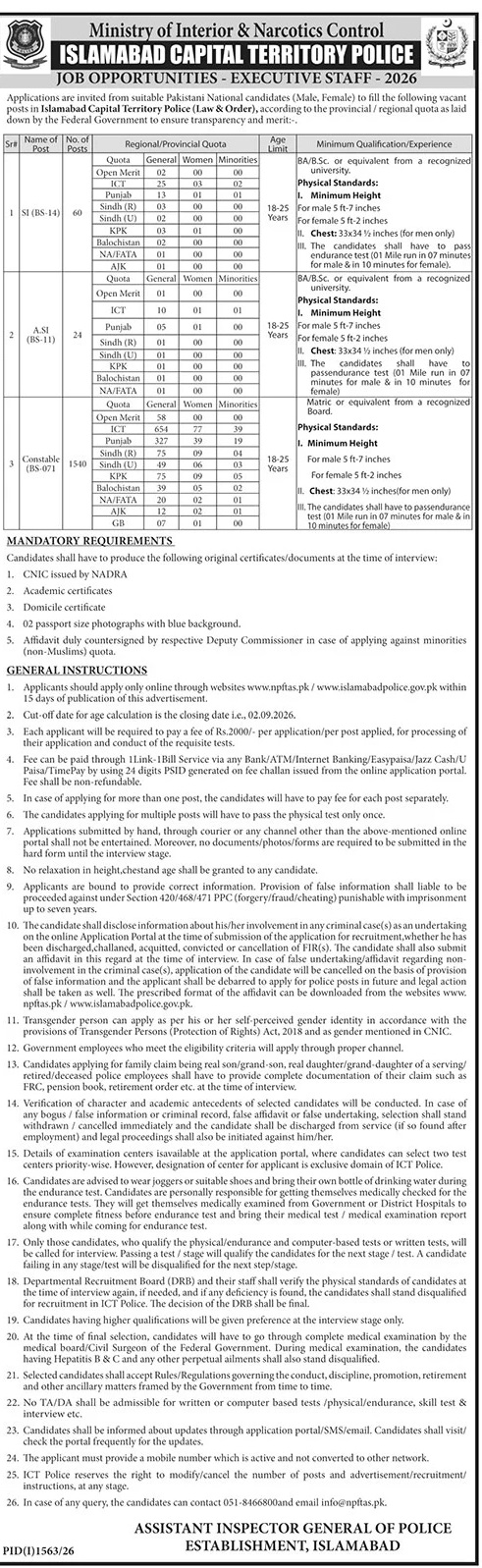 ICT Police Jobs August 2026 For Constable, ASI & SI Latest Advertisement
