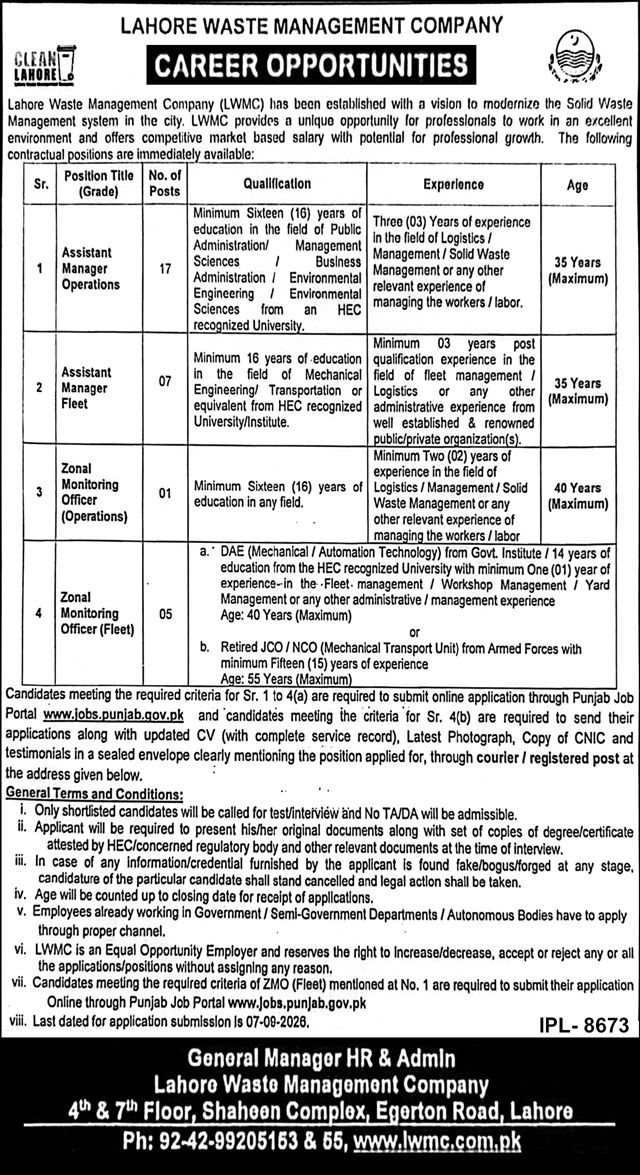 Lahore Waste Management Company LWMC Jobs 2026 Advertisement