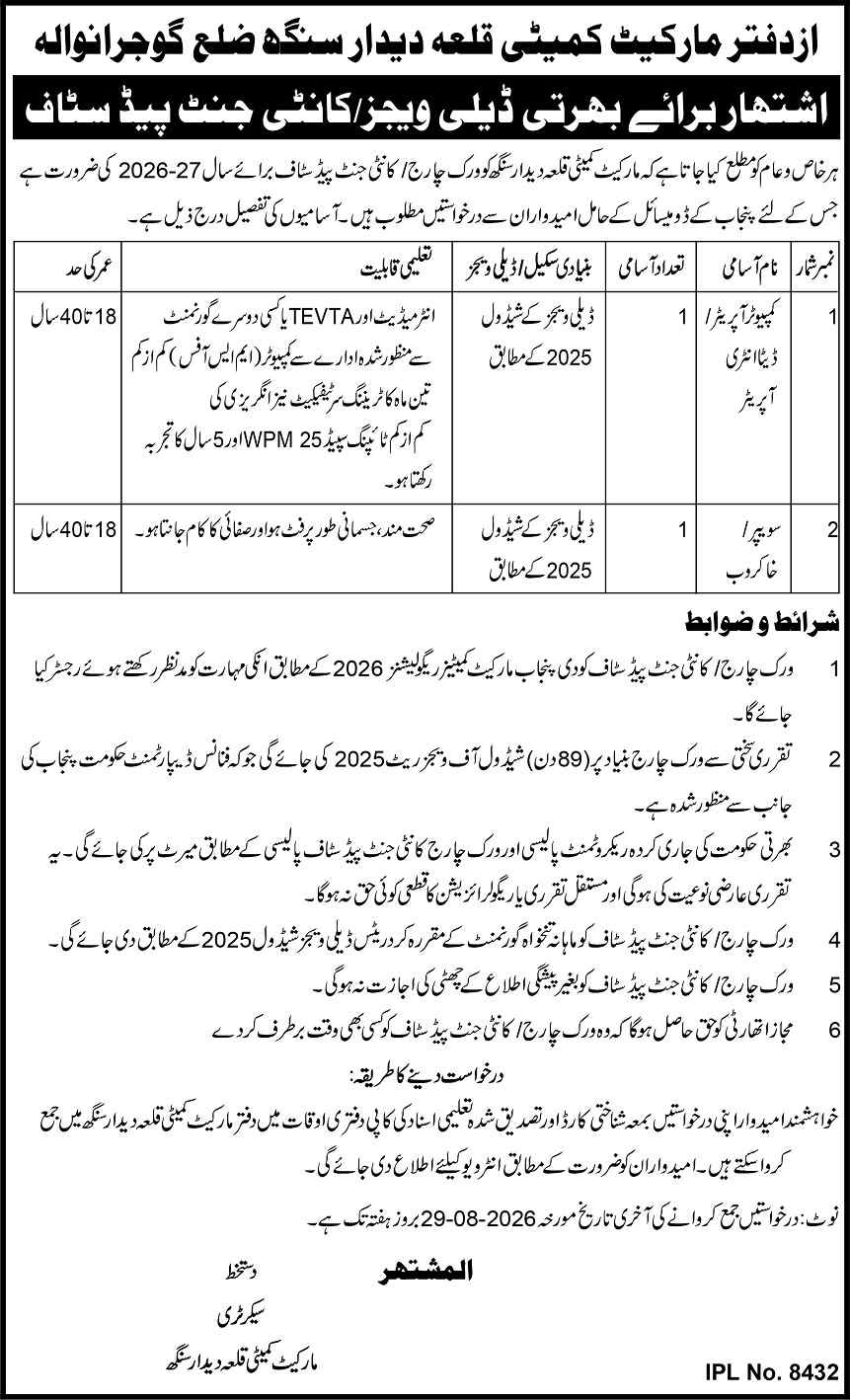 Market Committee Qila Didar Singh Gujranwala Jobs 2026 Advertisement