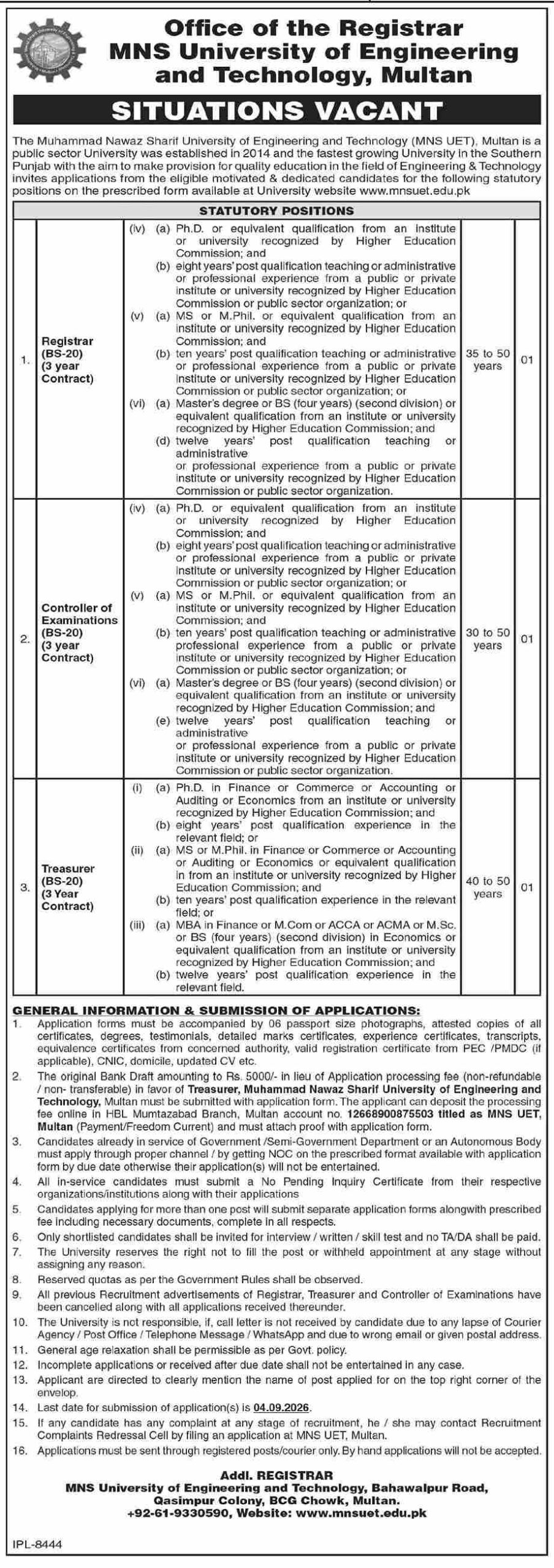 Muhammad Nawaz Sharif University of Engineering and Technology (MNS UET) Multan Jobs 2026 Advertisement