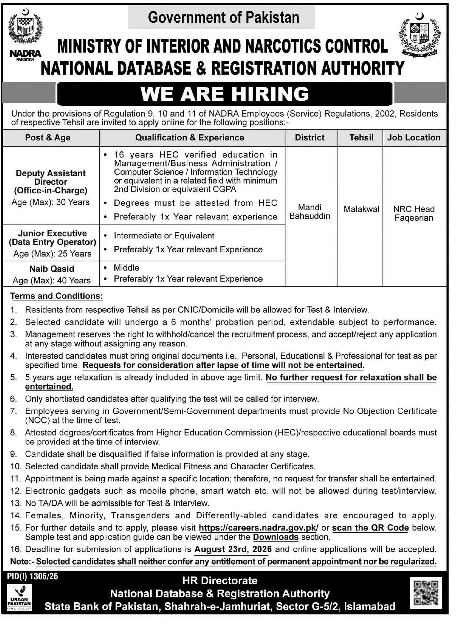 NADRA Malakwal Jobs 2026 Advertisement