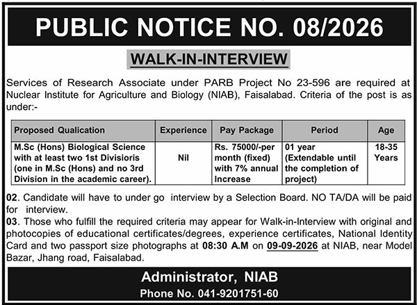 Nuclear Institute For Agriculture And Biology NIAB Jobs 2026 Advertisement
