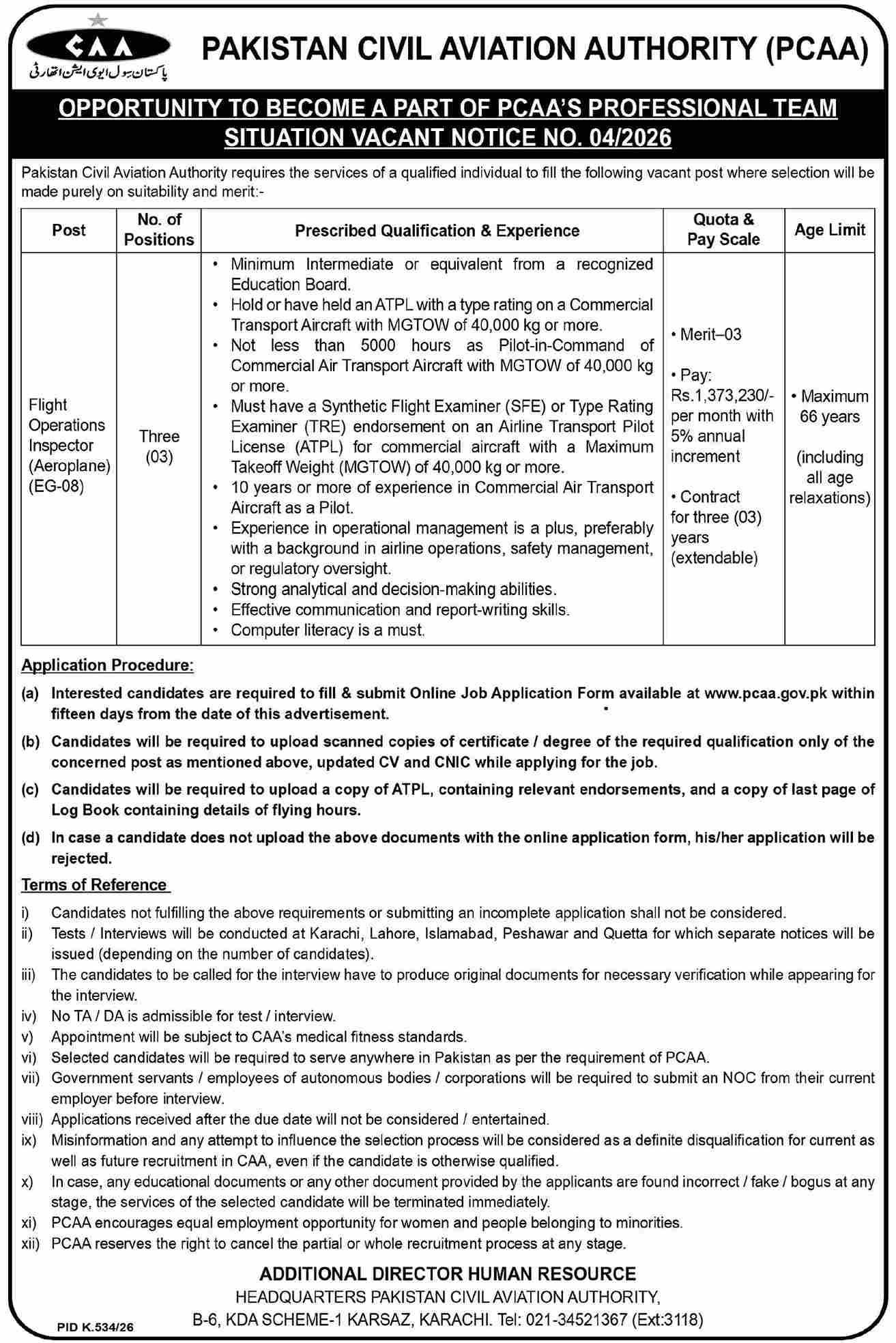 PCAA Notice 4 Jobs 2026 Advertisement