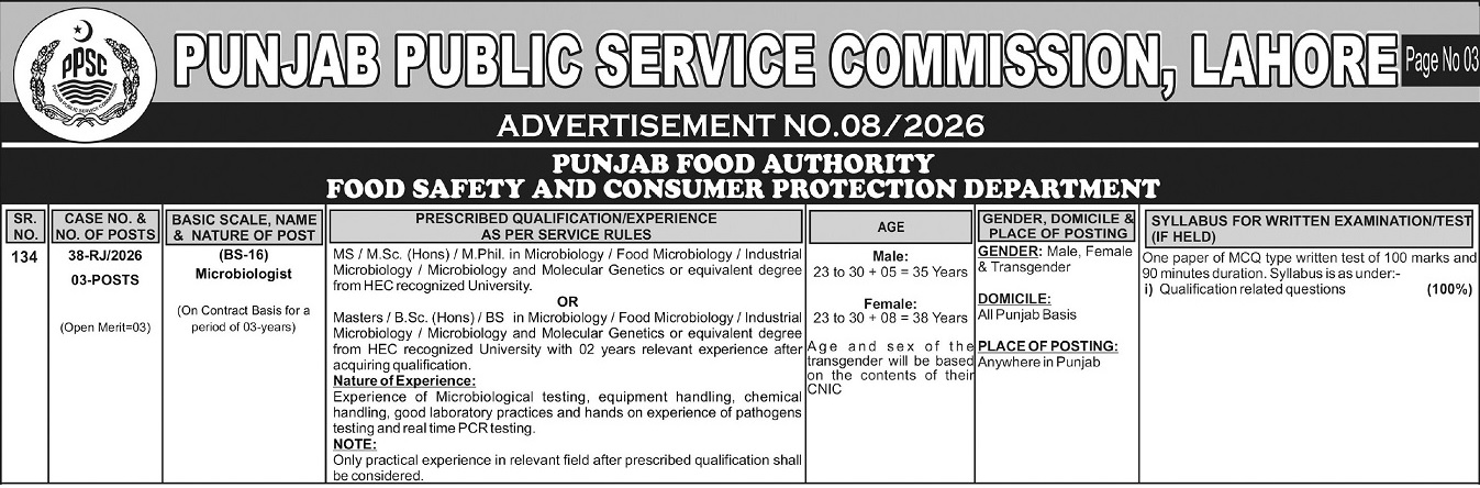 Punjab Food Authority Jobs 2026 Advertisement