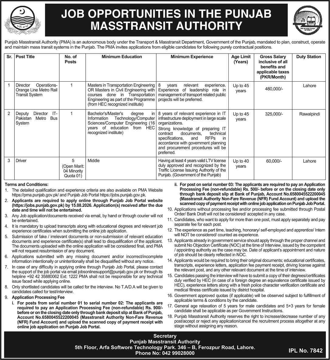 Punjab MassTransit Authority Jobs 2026 Advertisement