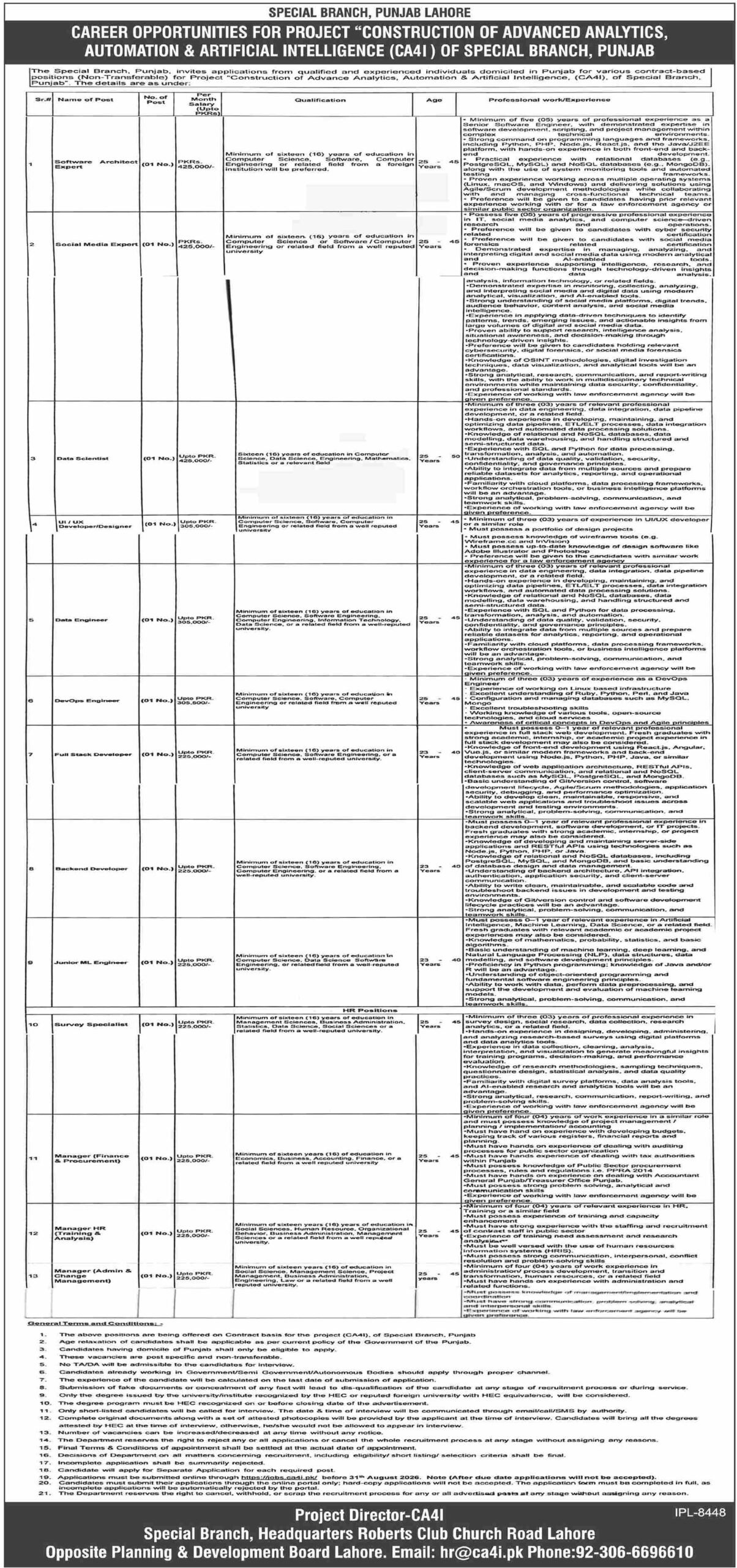 Punjab Police Special Branch Jobs 2026 Advertisement