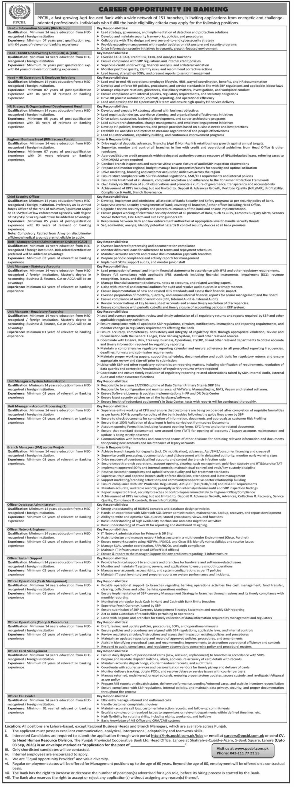 Punjab Provincial Cooperative Bank Limited PPCBL Jobs 2026 Advertisement