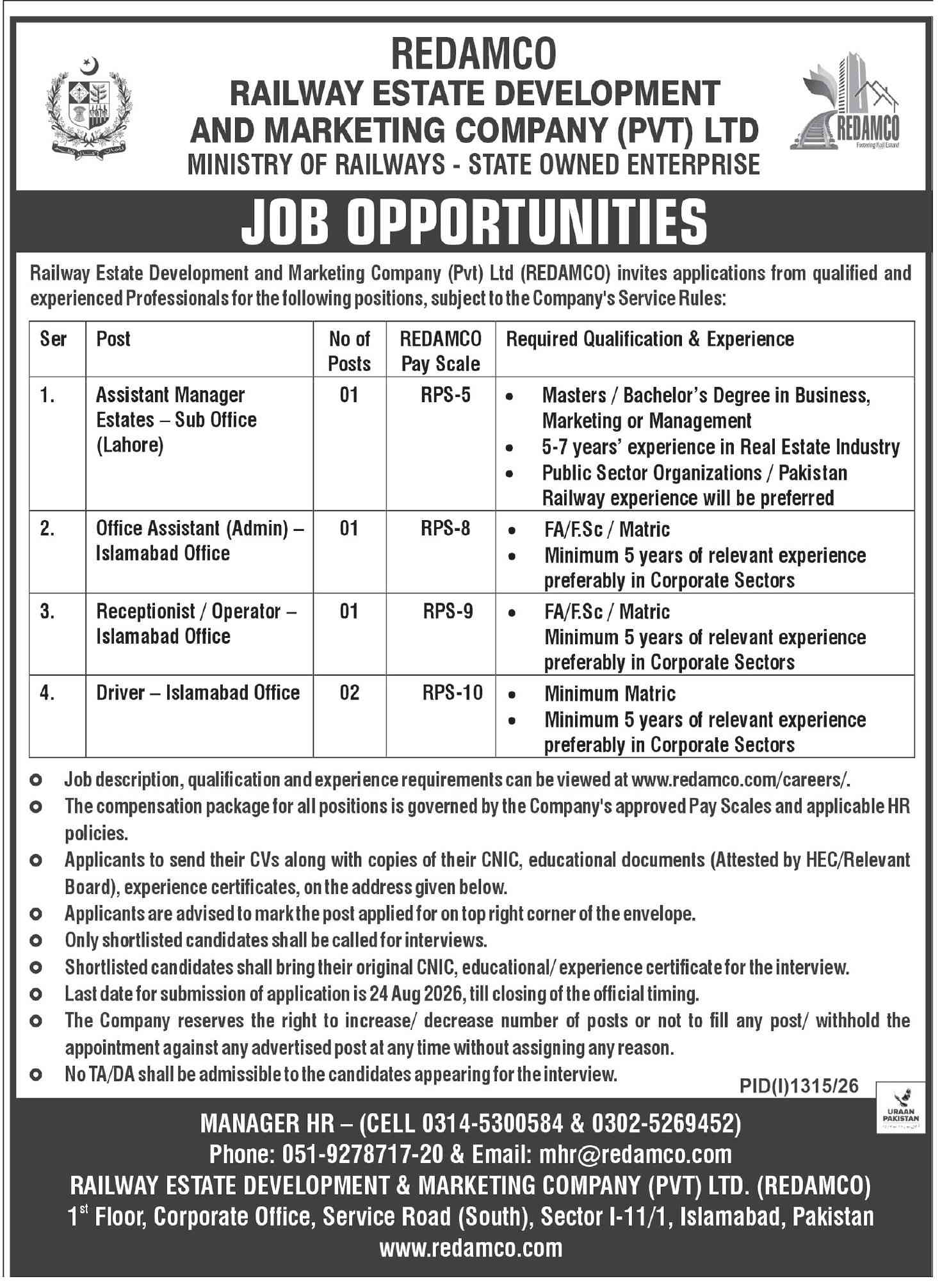 Railway Estate Development and Marketing Company REDAMCO Jobs 2026 Advertisement